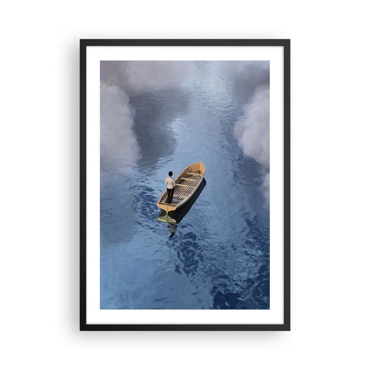 Plakat i sort ramme - En person i en båd, der flyder på vandet, og som afspejler himlen og skyerne. - 50x70cm - Livet - rejsen - det ukendte - Moderne vægdekoration til stue og soveværelse ARTTOR