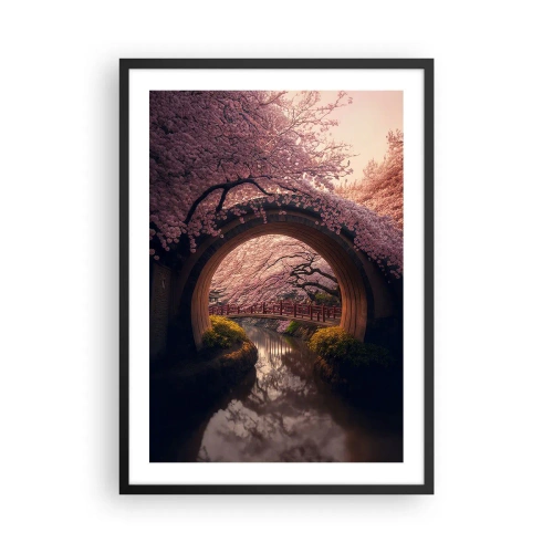 Plakat i sort ramme - En romantisk bro blandt kirsebærblomster - 50x70cm - Japansk forår - Moderne vægdekoration til stue og soveværelse ARTTOR