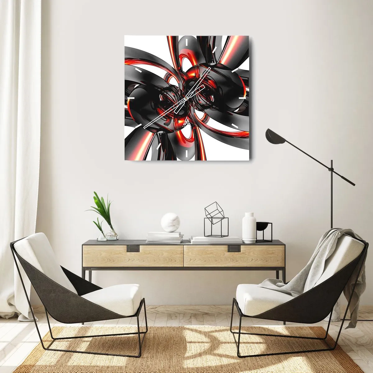 Vægur, Uret - Bevægelse i grafit og rød - 30x30 cm