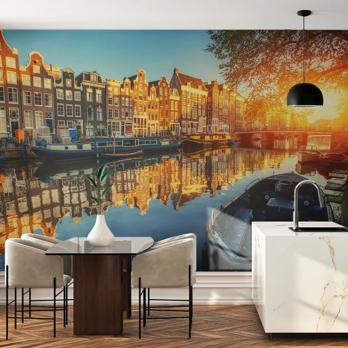 Fototapet Premium Canvas - Morgen i Amsterdam - By, Amsterdam, Arkitektur - 450x315 cm