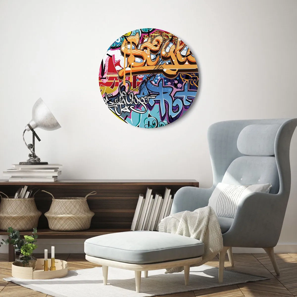 Vægur, Uret - En urskive med et graffitimotiv i klare farver - 30x30cm - Vægmalerier, vægmalerier, vægmalerier.... - Moderne vægdekoration til stue, køkken og soveværelse ARTTOR