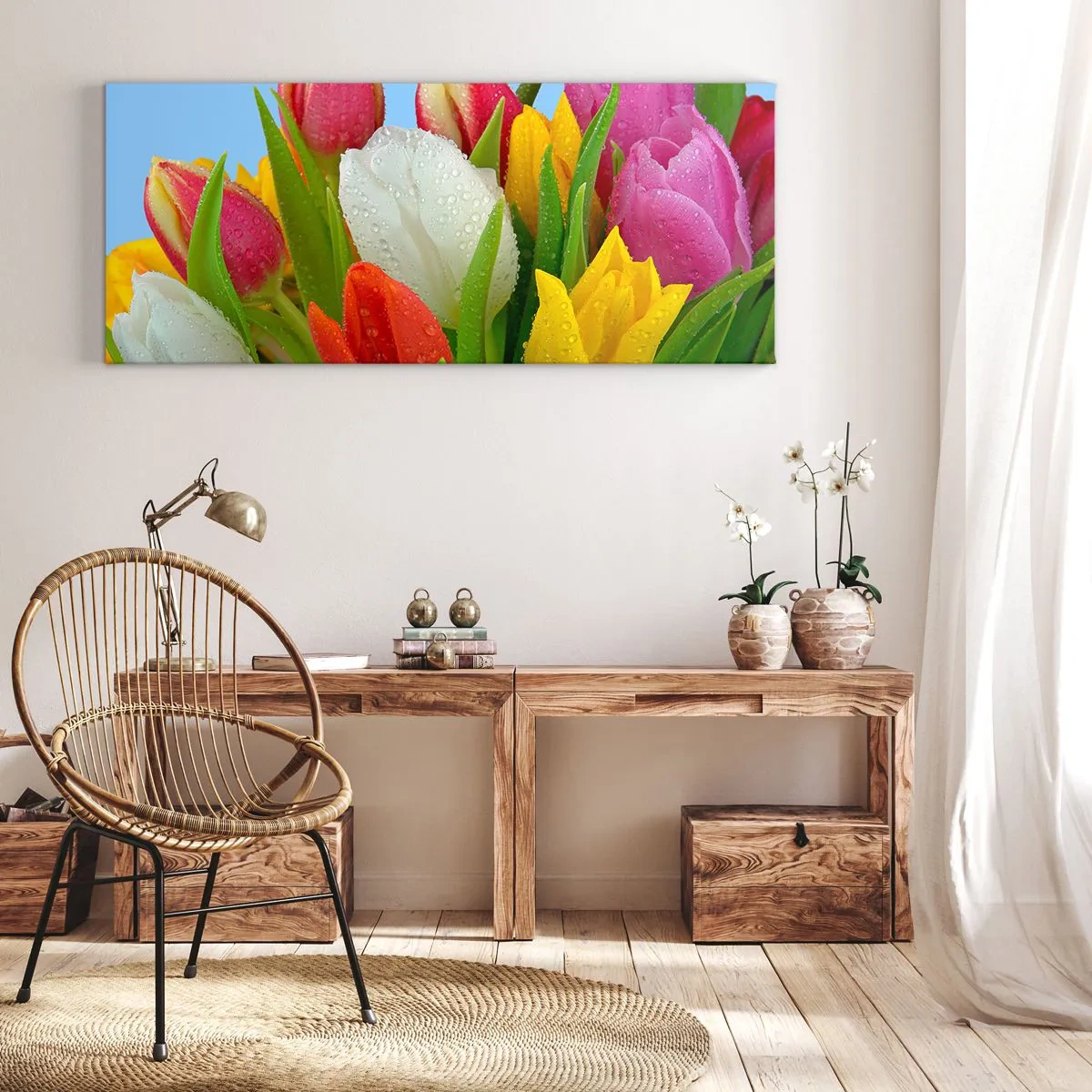 Lærredstryk - Billede på lærred - En blomstret regnbue i dugdråber - 160x50 cm