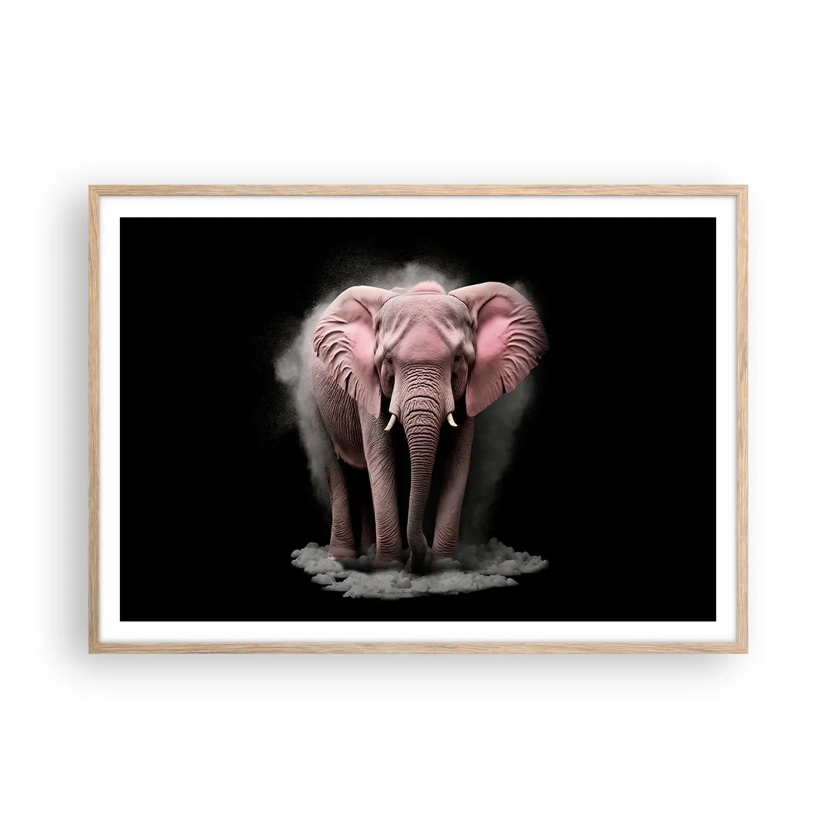 Plakat i ramme af lyst egetræ - Tænk ikke på en lyserød elefant! - 100x70 cm