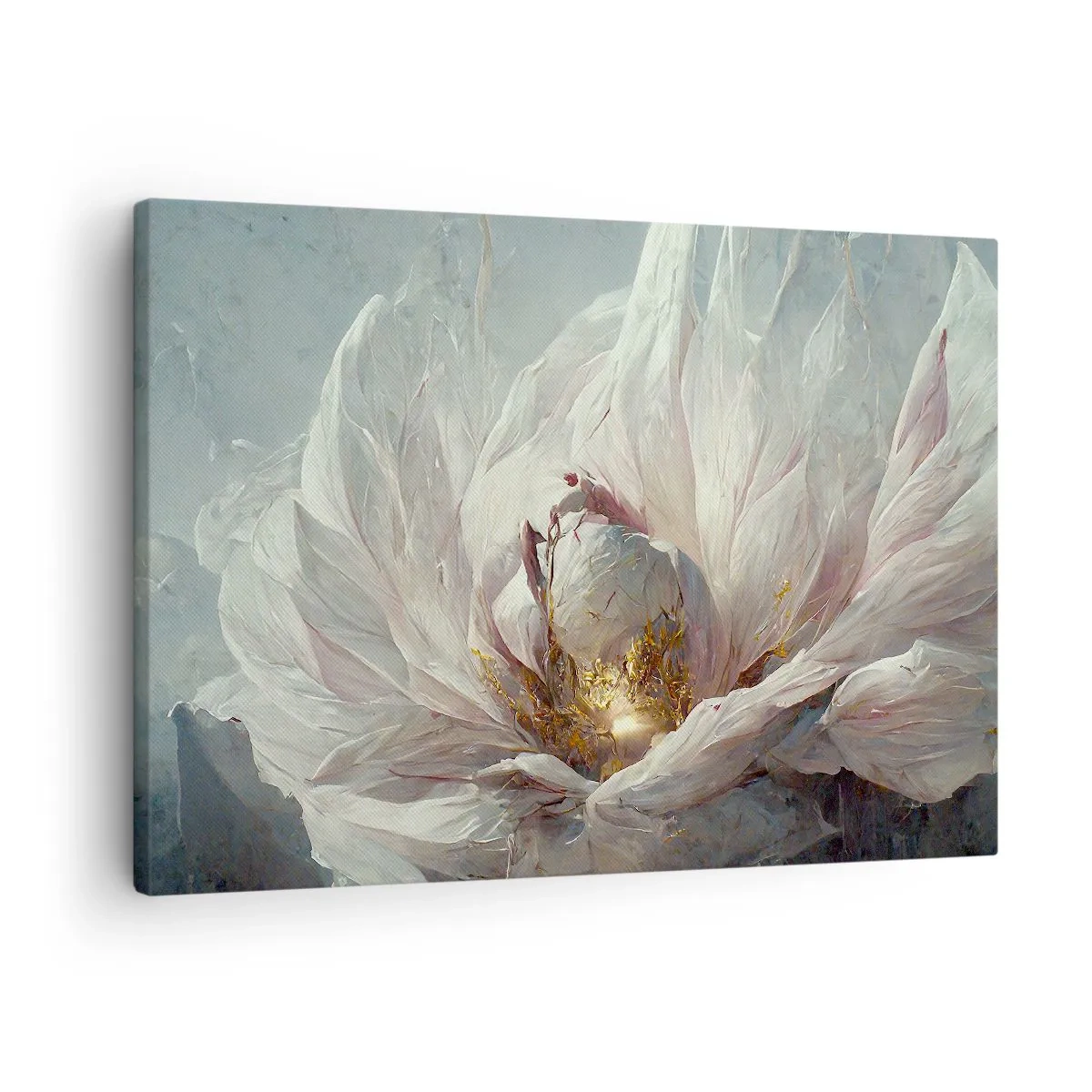 Lærredstryk - Billede på lærred - En delikat hvid blomst med diskrete gulddetaljer - 70x50cm - Blomstrer en gang om hundrede år - Moderne vægdekoration til stue og soveværelse ARTTOR