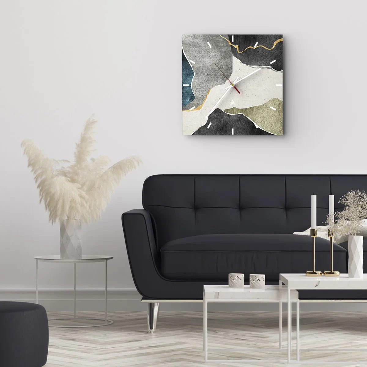 Vægur, Uret - Mosaikkomposition med en streng af guld - 40x40 cm