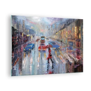 Billede på glas - Byscenen om natten med regn og farverige lys - 70x50cm - Regnfuld eftermiddag i byen - Moderne vægdekoration til stue og soveværelse ARTTOR