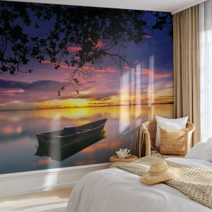 Fototapet Premium Sand - "Det ser ud til, at du hænger midt på himlen..." - Landskab, Solnedgang, Sø - 350x256 cm