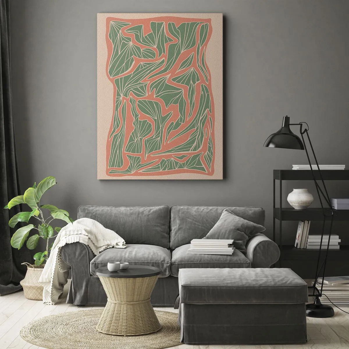 Lærredstryk - Billede på lærred - En kamp mellem koral og grøn - 55x100 cm