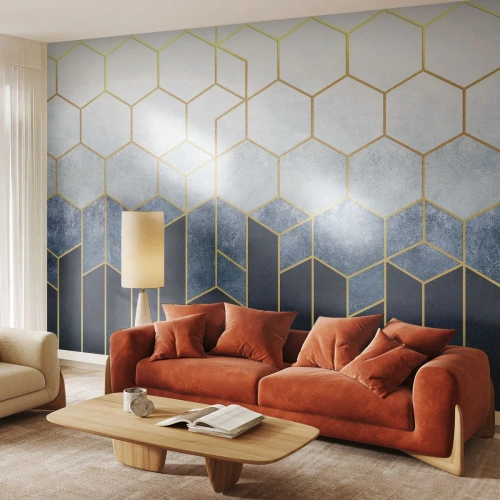 Fototapet Standard Eco - Geometrisk mønster med sekskanter og gyldne linjer - 100x70cm - Komposition i synkoperet rytme - Moderne vægdekoration til stue og soveværelse ARTTOR