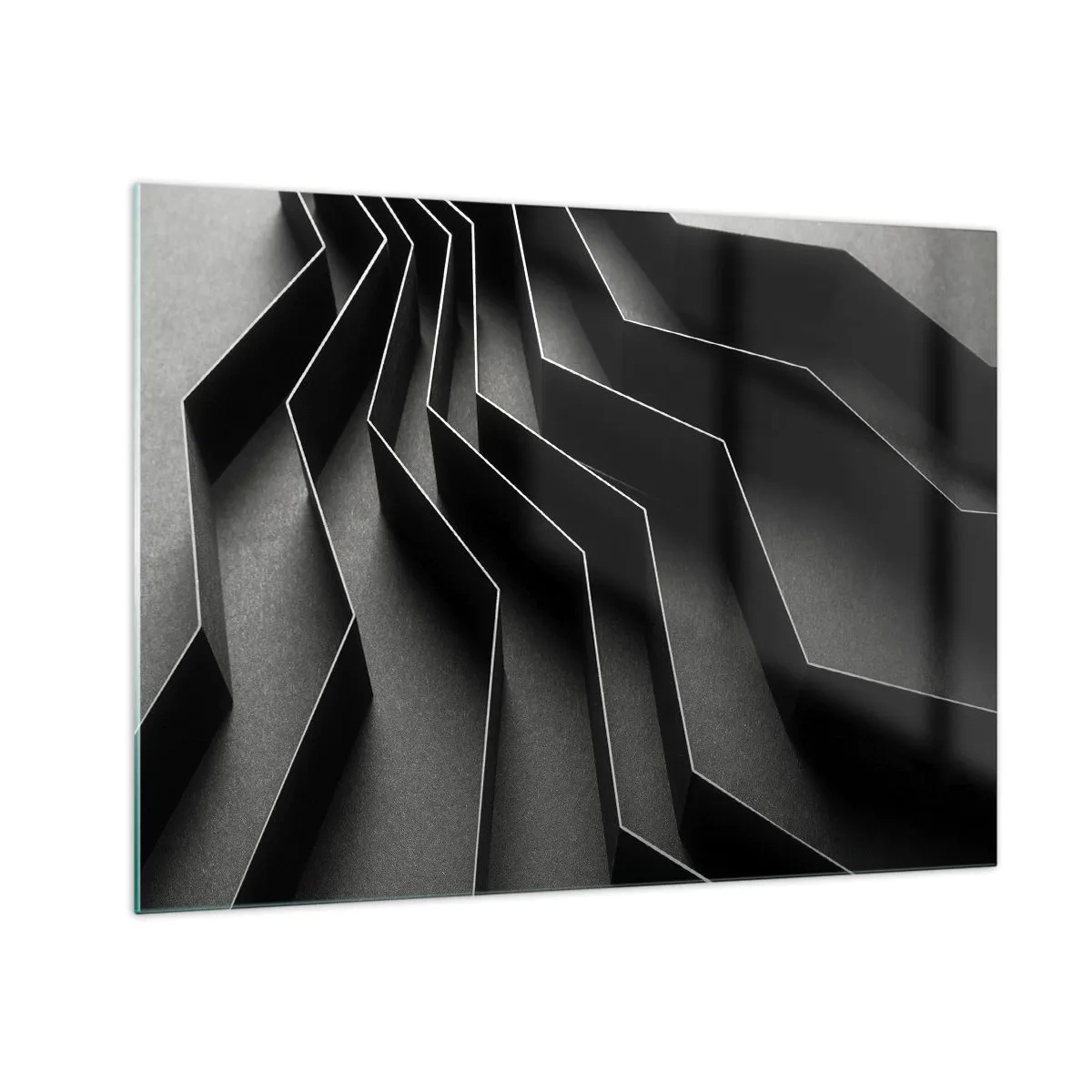 Billede på glas - Sorte geometriske former med dybde og clair-obscuro - 70x50cm - Rumlig orden - Moderne vægdekoration til stue og soveværelse ARTTOR