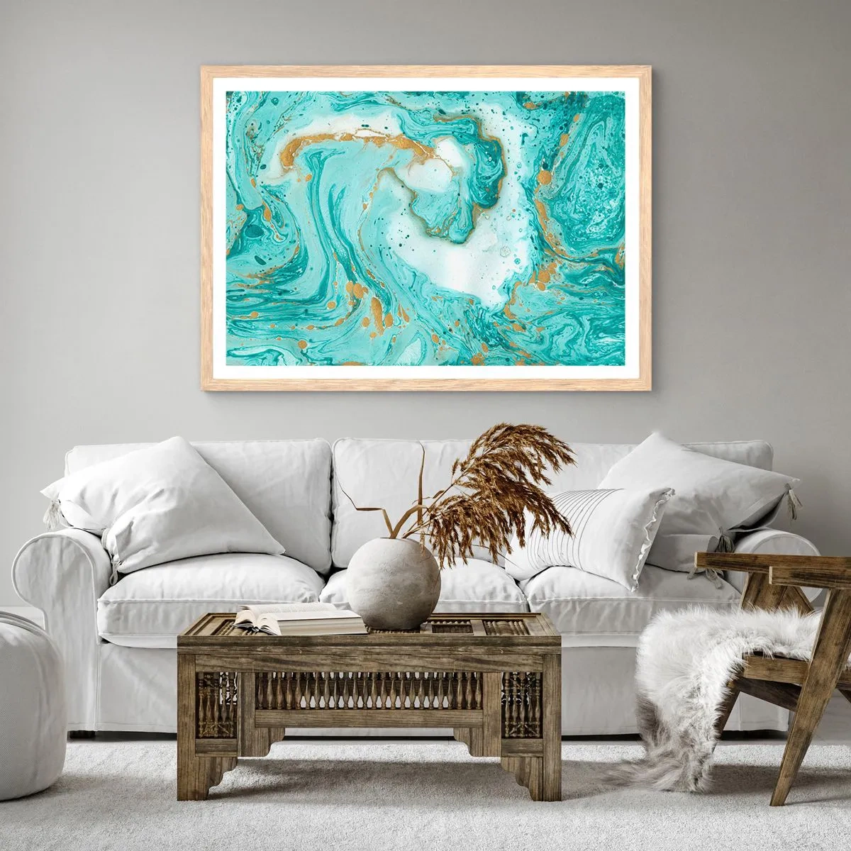 Plakat i ramme af lyst egetræ - Under den store bølge i Edo-perioden - 40x30 cm