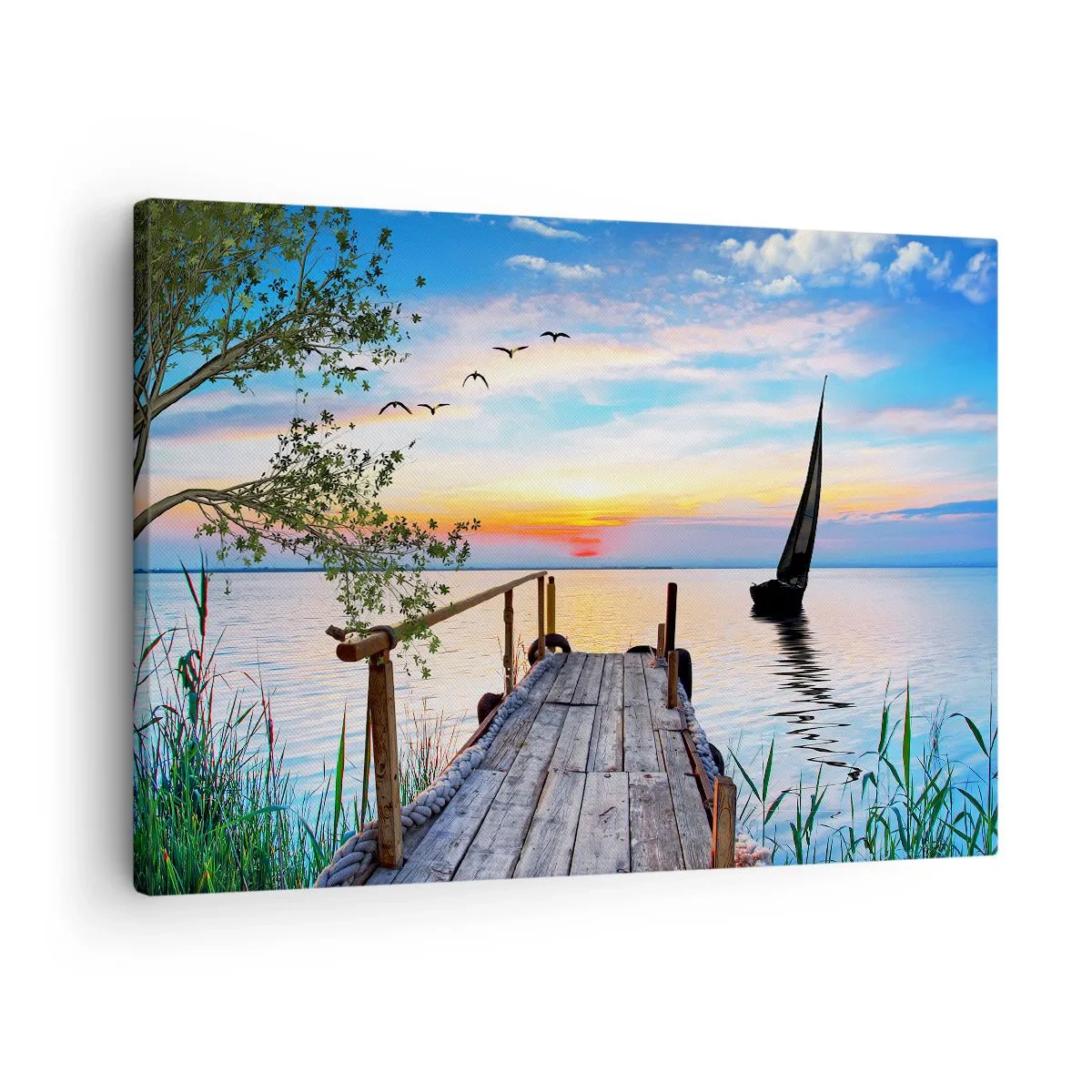 Lærredstryk - Billede på lærred - Sømole med båd og solnedgang - 70x50cm - Godaften - Moderne vægdekoration til stue og soveværelse ARTTOR