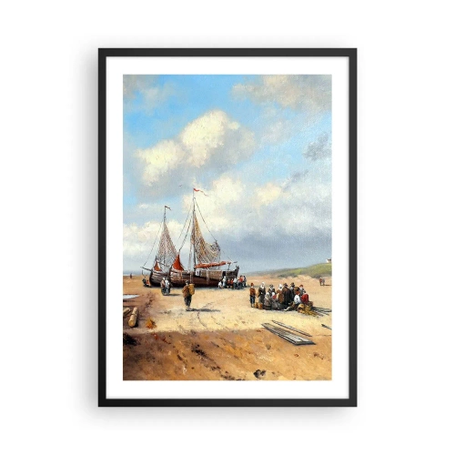 Plakat i sort ramme - Traditionelle fiskerbåde og fiskere på en sandstrand - 50x70cm - Efter en vellykket fangst - Moderne vægdekoration til stue og soveværelse ARTTOR