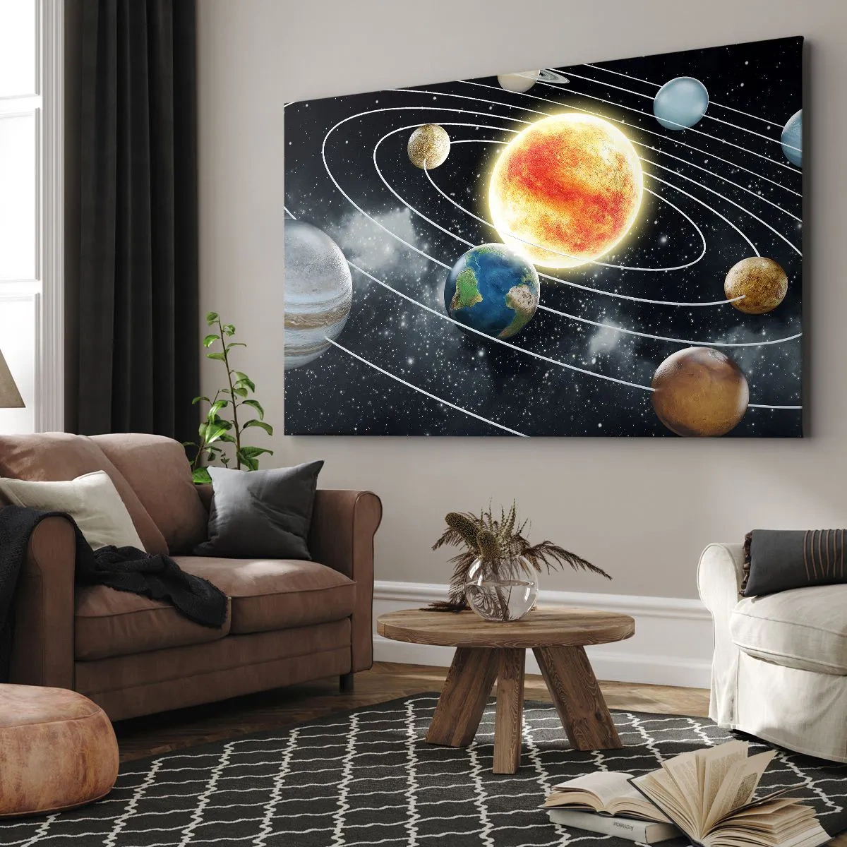 Lærredstryk - Billede på lærred - Solsystem med planeter og solen i rummet - 70x50cm - Kosmisk dans - Moderne vægdekoration til stue og soveværelse ARTTOR