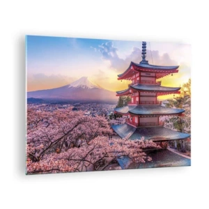 Billede på glas - En pagode i et japansk landskab med udsigt over Fuji-bjerget og blomstrende træer - 70x50cm - Essensen af 