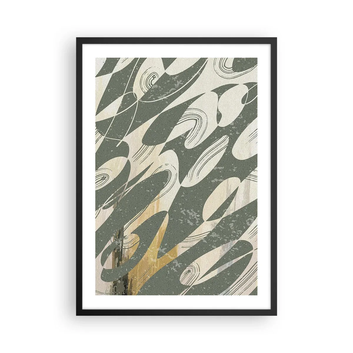 Plakat i sort ramme - En abstrakt komposition af organiske former i grønt og beige. - 50x70cm - Rytmisk abstraktion - Moderne vægdekoration til stue og soveværelse ARTTOR