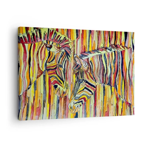Lærredstryk - Billede på lærred - Farverige zebraer mod en baggrund af abstrakte striber - 70x50cm - Så du også... - Moderne vægdekoration til stue og soveværelse ARTTOR