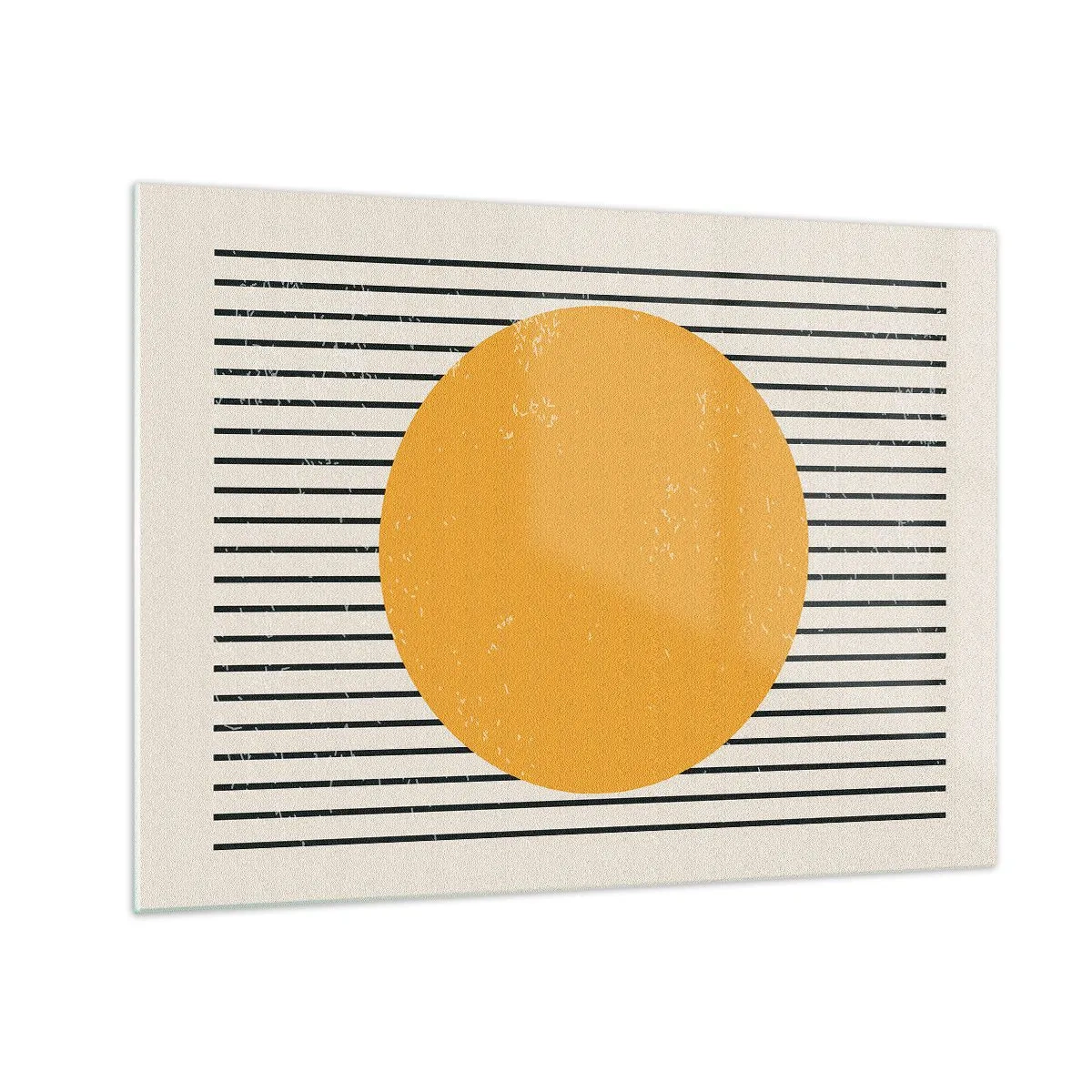 Billede på glas - En orange cirkel mod en baggrund af vandrette sorte linjer på en beige baggrund. - 70x50cm - Enkelthedens kraft - Moderne vægdekoration til stue og soveværelse ARTTOR