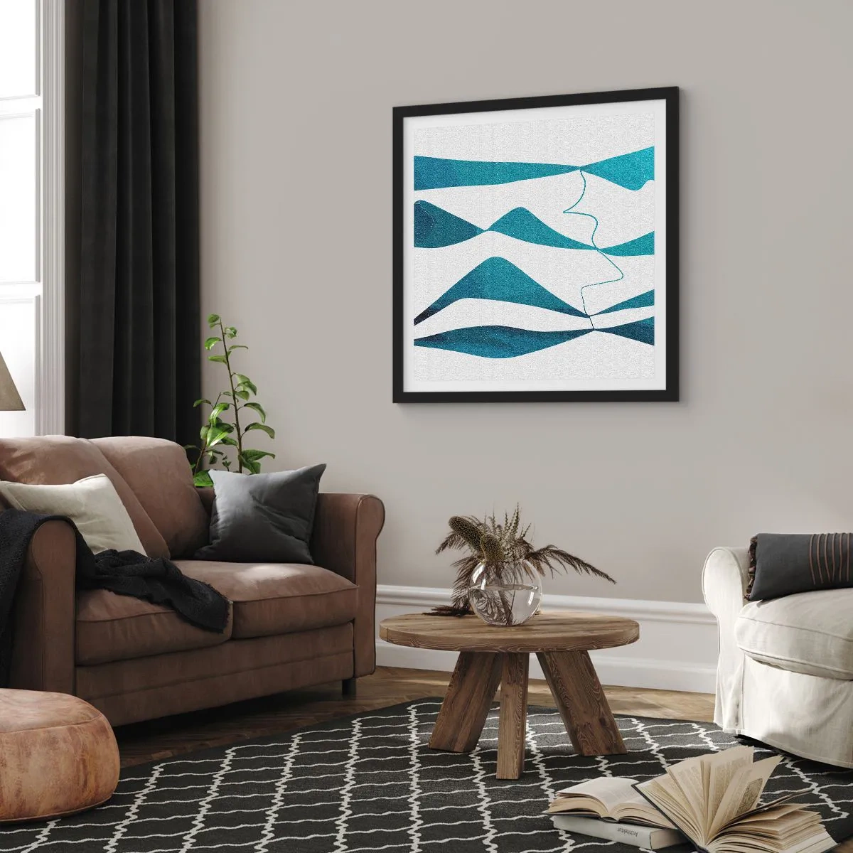 Plakat i sort ramme - Abstraktion: en turkis sammensætning - 30x30 cm