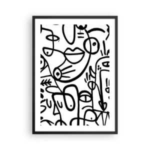 Plakat i sort ramme - Abstrakte sorte linjer på en hvid baggrund - 50x70cm - Ansigter og luftspejlinger - Moderne vægdekoration til stue og soveværelse ARTTOR