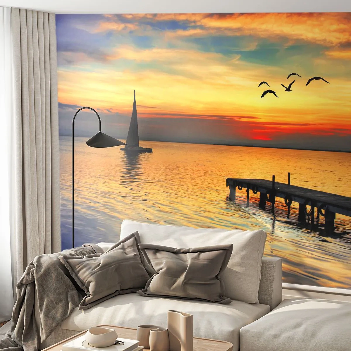 Fototapet Premium Sand - Returnering om aftenen - Landskab, Sejlbåd, Solnedgang - 100x70 cm