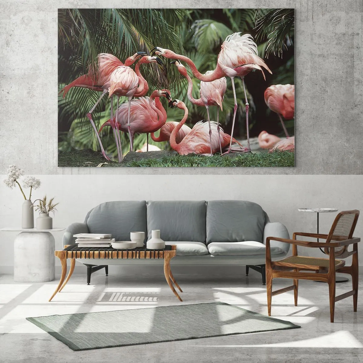 Billede på glas - Flamingoer blandt tropisk vegetation i levende farver - 70x50cm - Sladder om eftermiddagen - Moderne vægdekoration til stue og soveværelse ARTTOR