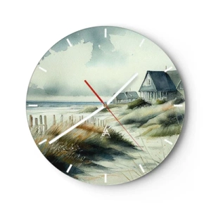 Vægur, Uret - Akvarellignende klithuse på en rolig strand - 30x30cm - Væk fra trængsel og travlhed - Moderne vægdekoration til stue, køkken og soveværelse ARTTOR