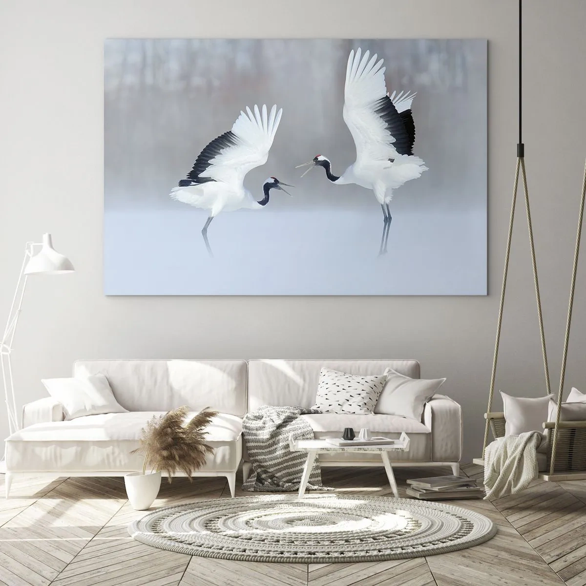 Billede på glas - Dansende traner mod en baggrund af et vinterlandskab - 70x50cm - Danser i tågen - Moderne vægdekoration til stue og soveværelse ARTTOR