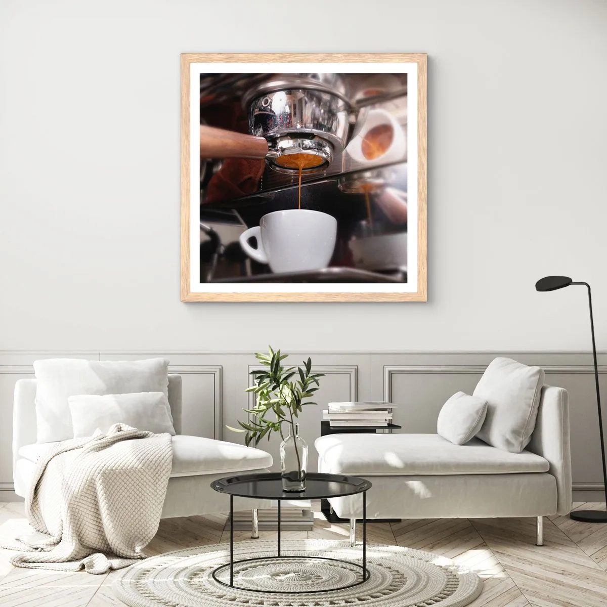 Plakat i ramme af lyst egetræ - Et godt øjeblik på dagen - 60x60 cm