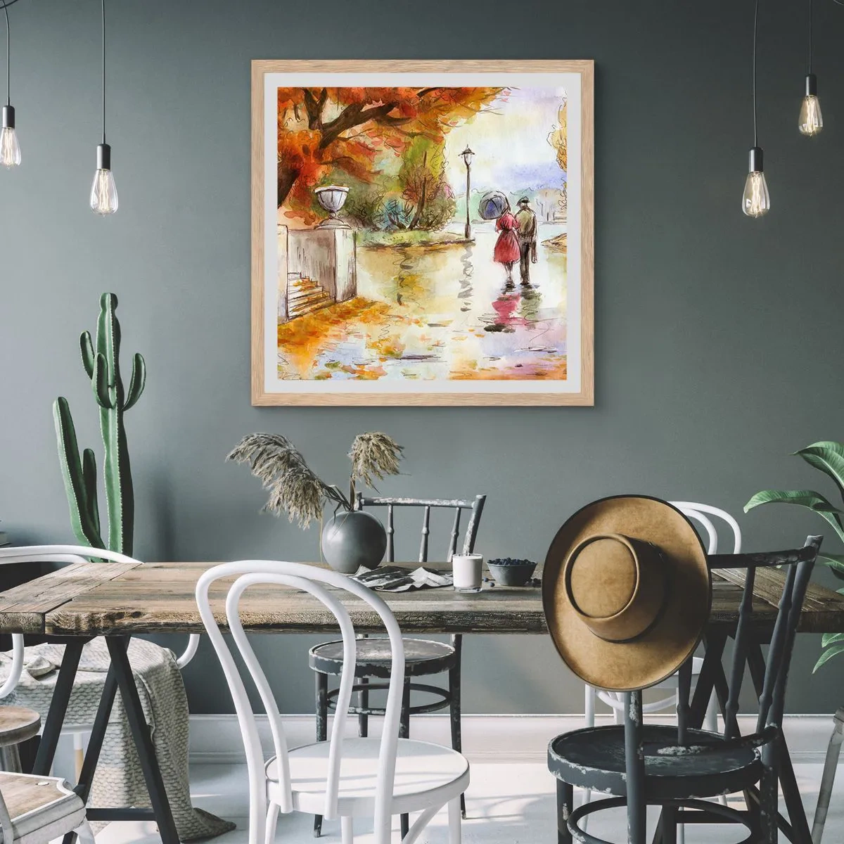 Plakat i ramme af lyst egetræ - Romantisk efterår i parken - 60x60 cm