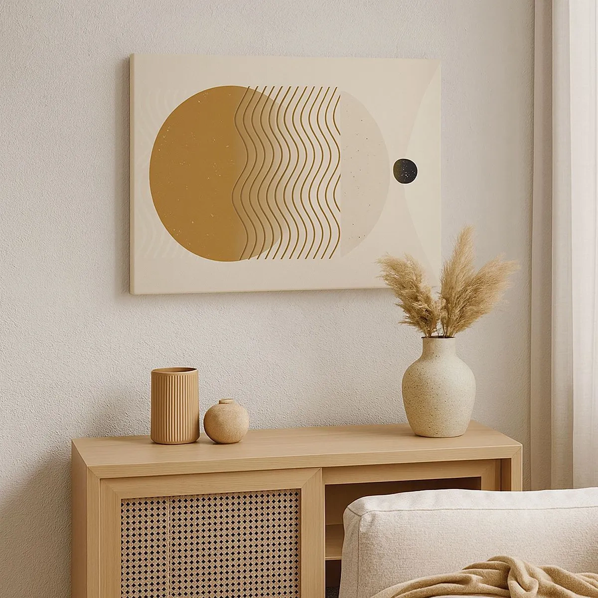 Lærredstryk - Billede på lærred - Geometrisk abstraktion med cirkler og bølgede linjer i varme farver. - 70x50cm - Om geometriske figurers oprindelse - Moderne vægdekoration til stue og soveværelse ARTTOR