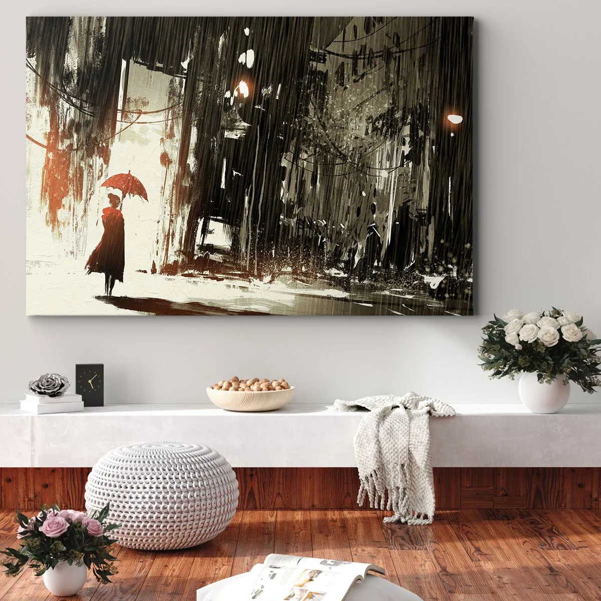 Lærredstryk - Billede på lærred - Den røde paraplys poesi - 100x70 cm
