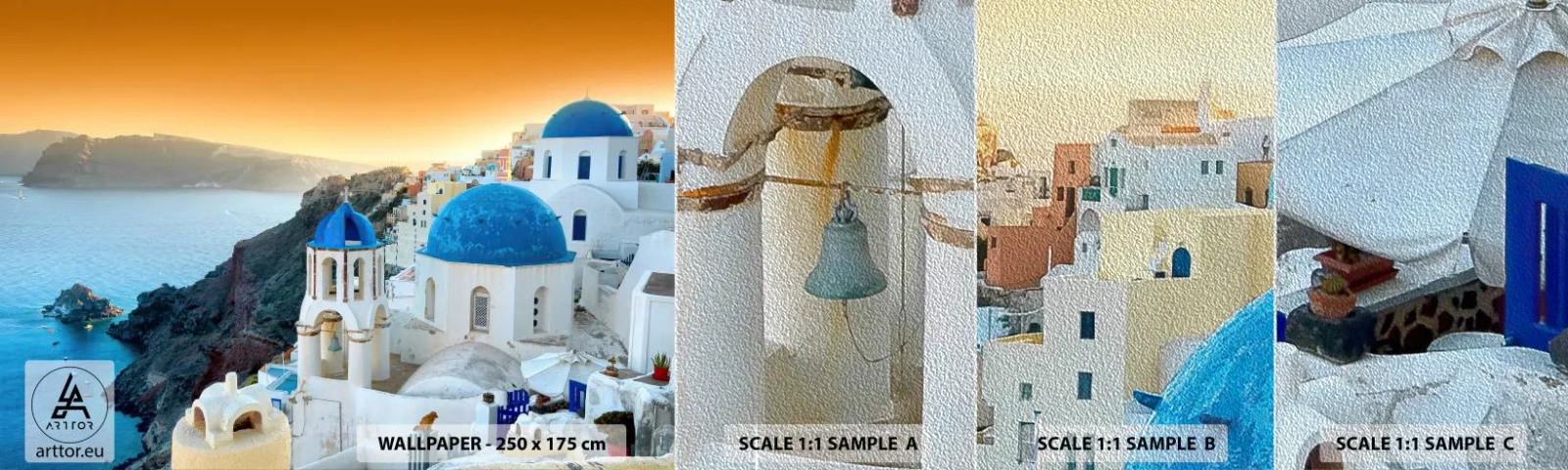 Prøve Fototapet Premium Sand - Santorini - omfavnet af klipperne - Landskab, Grækenland, Santorini - 100x30 cm