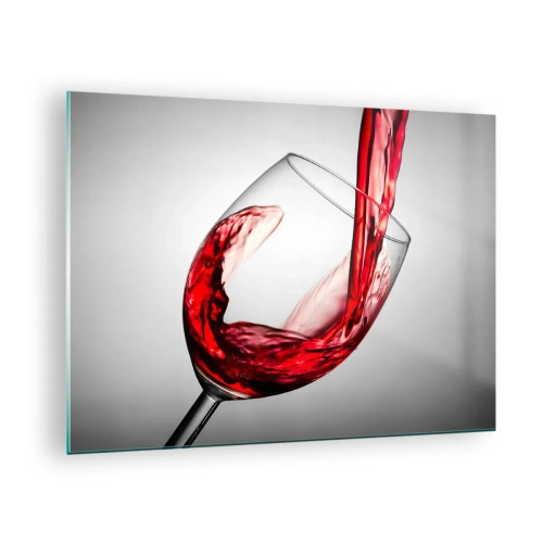 Billede på glas - Rødvin hældes i et glas mod en lys baggrund - 70x50cm - Farve - bevægelse - lyd - Moderne vægdekoration til stue og soveværelse ARTTOR