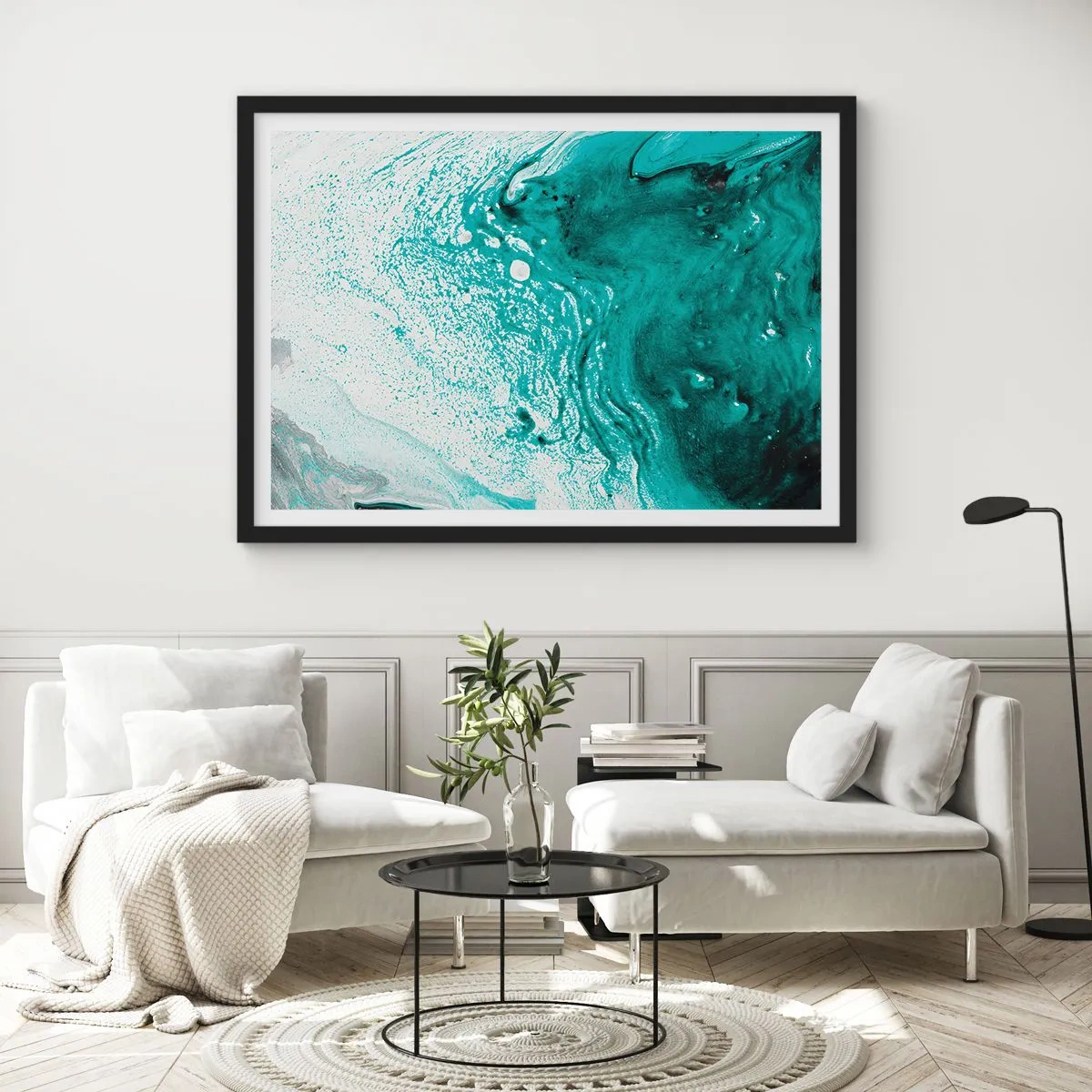 Plakat i sort ramme - Opløses i hvidt og turkis - 70x50 cm