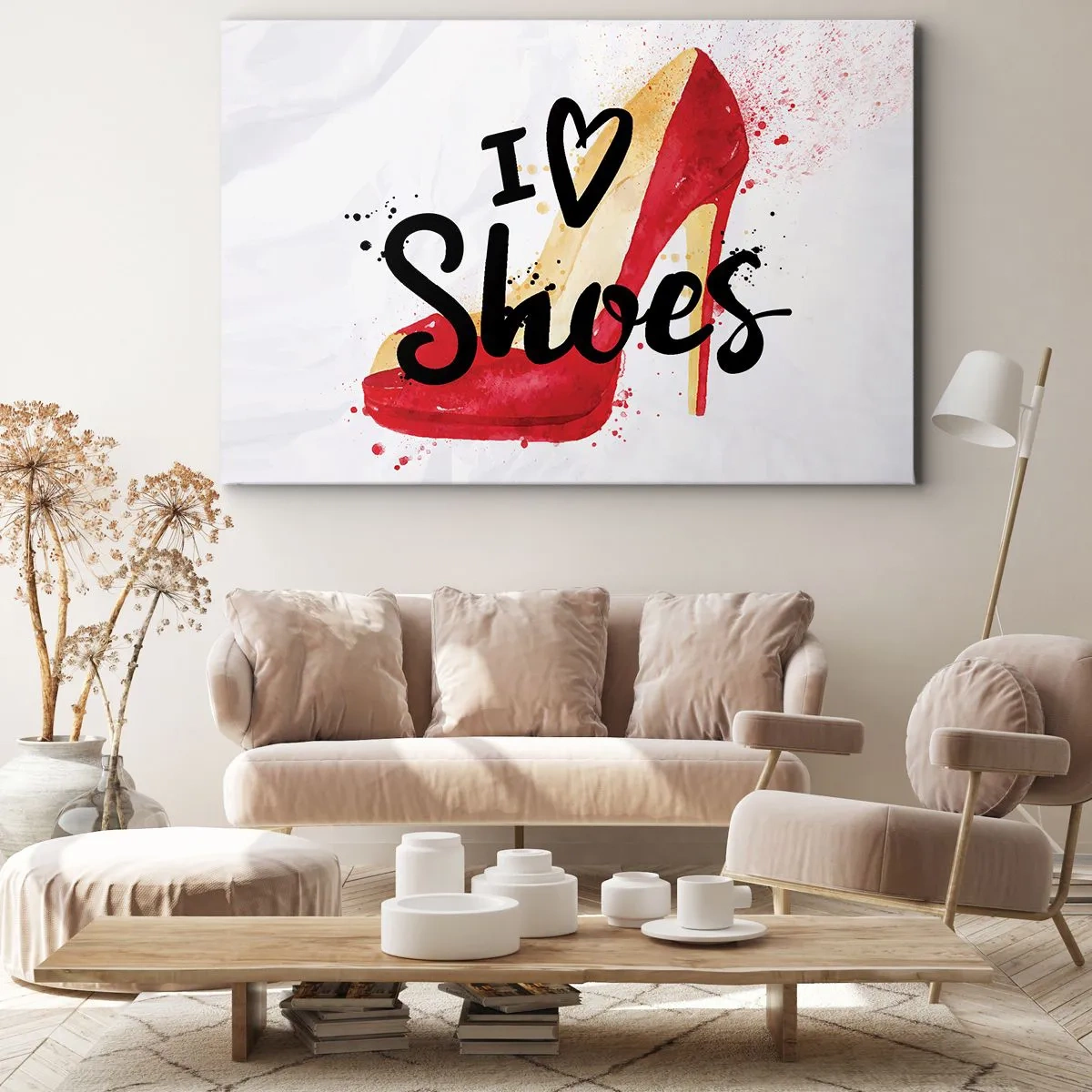 Lærredstryk - Billede på lærred - Rød stilet med indskriften "Jeg elsker sko" på en hvid baggrund - 70x50cm - Kærlighed har mere end ét navn - Moderne vægdekoration til stue og soveværelse ARTTOR