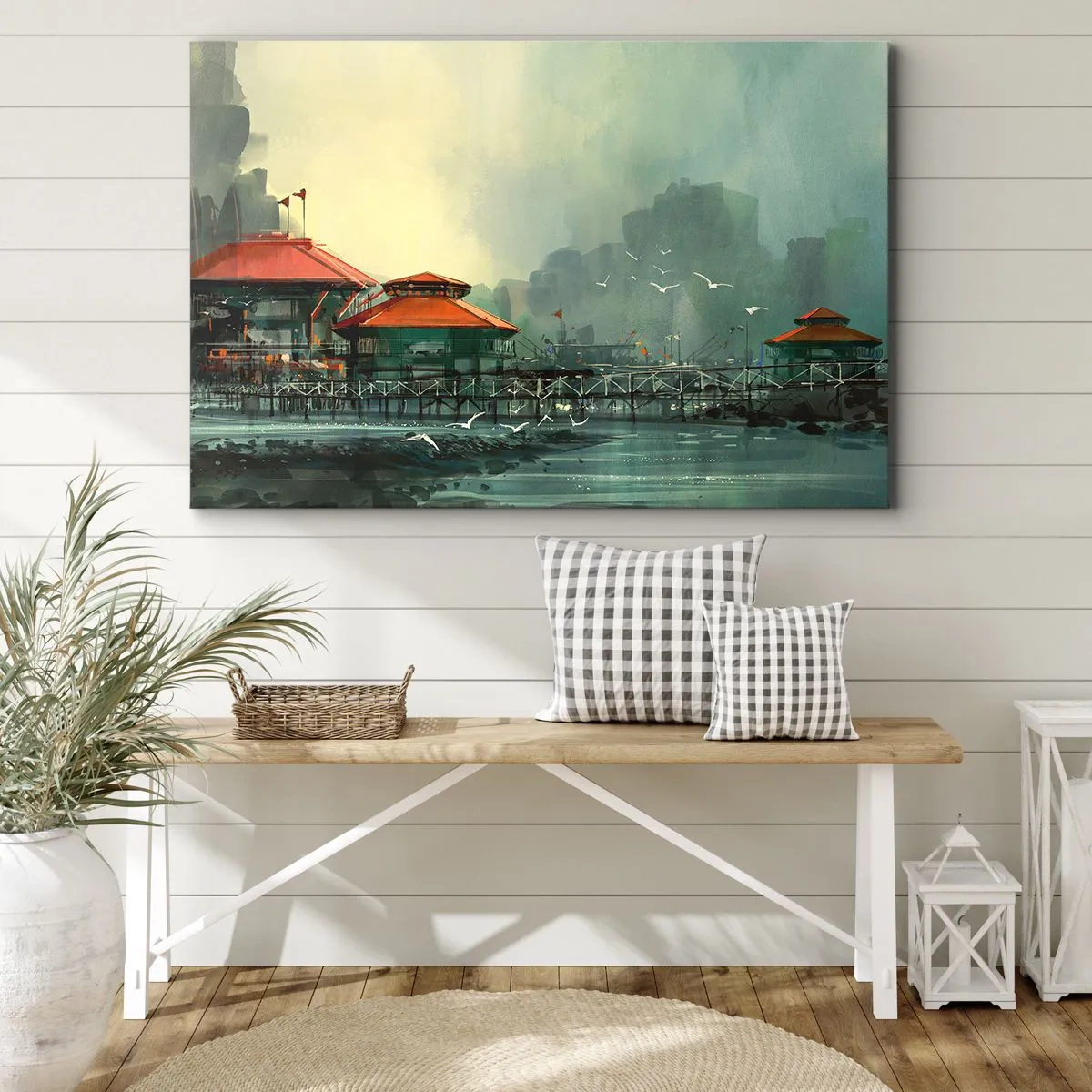 Lærredstryk - Billede på lærred - Havnebygninger i et regnfuldt landskab med måger - 70x50cm - En regnvejrsdag på havnen - Moderne vægdekoration til stue og soveværelse ARTTOR