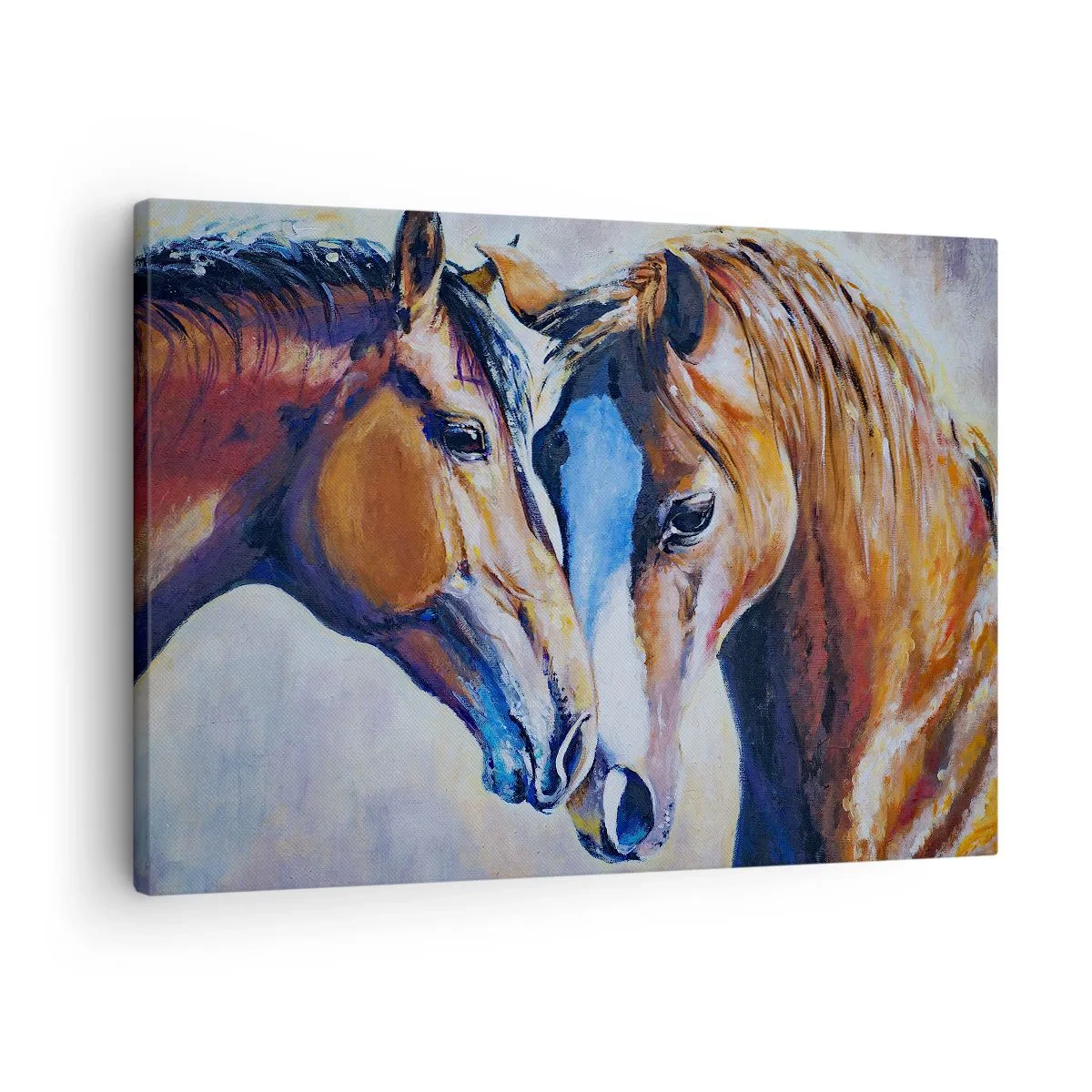 Lærredstryk - Billede på lærred - En billedlig repræsentation af to heste i venlige omgivelser. - 70x50cm - Er det venskab, er det kærlighed? - Moderne vægdekoration til stue og soveværelse ARTTOR