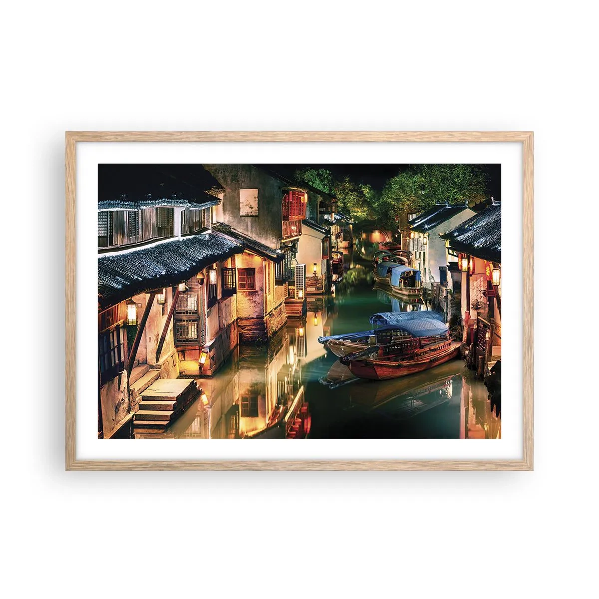 Plakat i ramme af lyst egetræ - En aften på en kinesisk gade - 70x50 cm