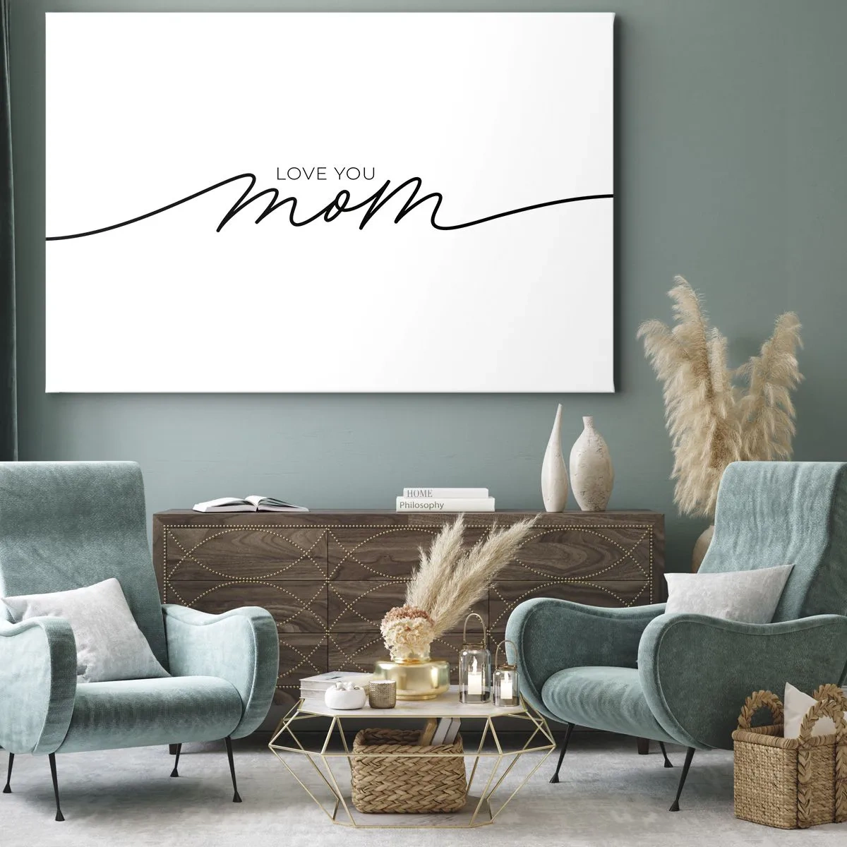 Lærredstryk - Billede på lærred - Minimalistisk "Elsker dig, mor"-indskrift på hvid baggrund - 70x50cm - Stor følelse - Moderne vægdekoration til stue og soveværelse ARTTOR