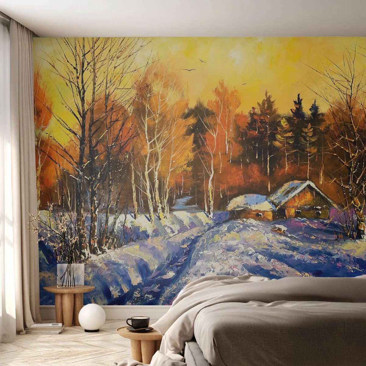 Fototapet Selvklæbende Deluxe Sticker - Vinterindtryk i solen - Landskab, Vinter, Mountain Cottage - 500x350 cm