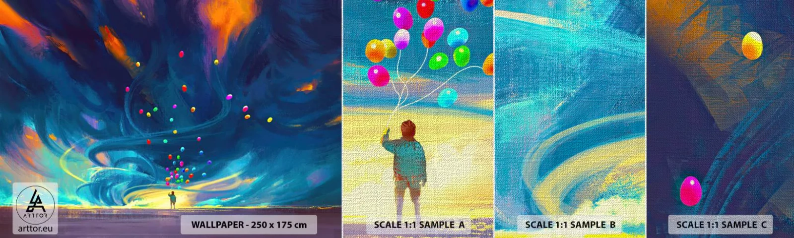 Prøve Fototapet Premium Canvas - På en blå vind - For børn, Farverige balloner, Abstraktion - 100x30 cm