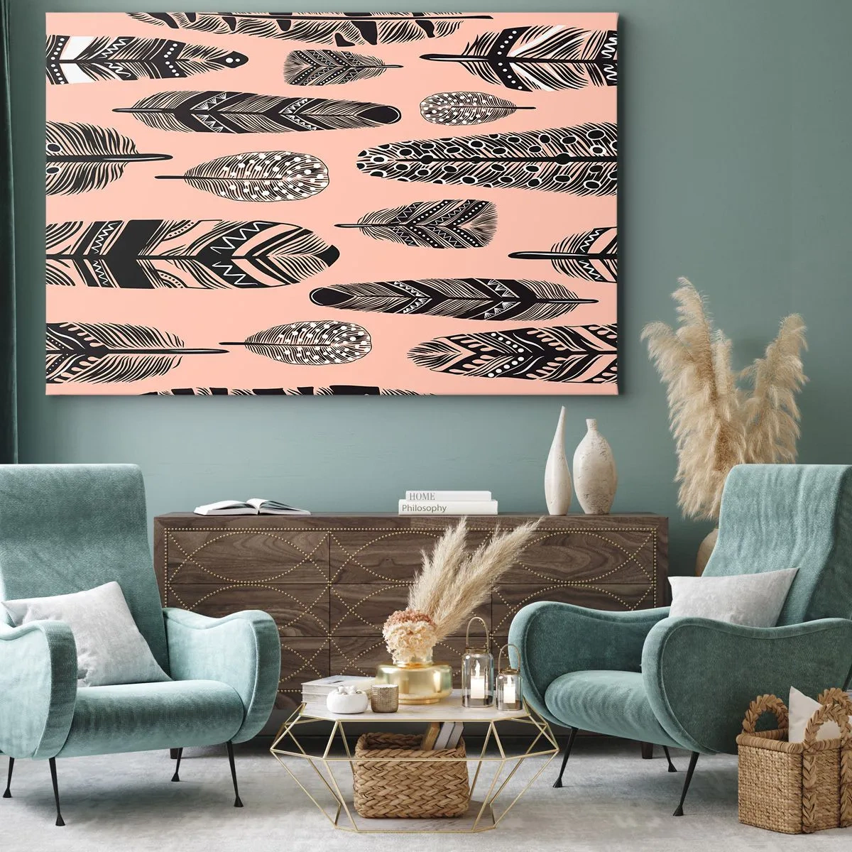 Lærredstryk - Billede på lærred - Dekorative fjer på en lys baggrund - 70x50cm - Indisk samling - Moderne vægdekoration til stue og soveværelse ARTTOR