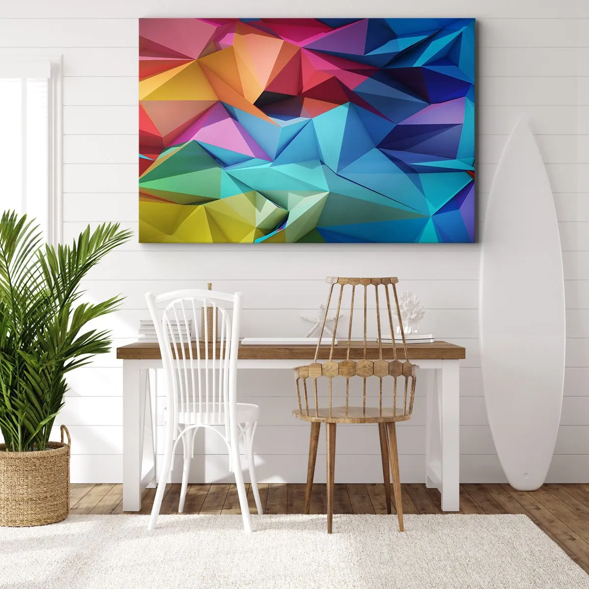 Lærredstryk - Billede på lærred - Farverig geometrisk abstraktion i levende farver - 70x50cm - Regnbue origami - Moderne vægdekoration til stue og soveværelse ARTTOR