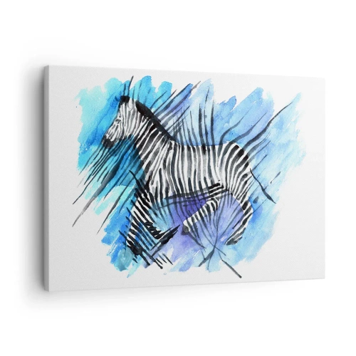 Lærredstryk - Billede på lærred - Akvarel illustration af en zebra mod en blå himmel - 70x50cm - Skjult i striberne - Moderne vægdekoration til stue og soveværelse ARTTOR