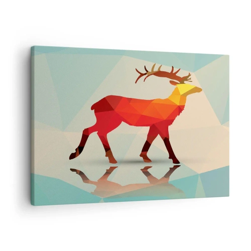 Lærredstryk - Billede på lærred - Geometrisk silhuet af en hjort i nuancer af rød og orange - 70x50cm - Geometrisk hjort - Moderne vægdekoration til stue og soveværelse ARTTOR