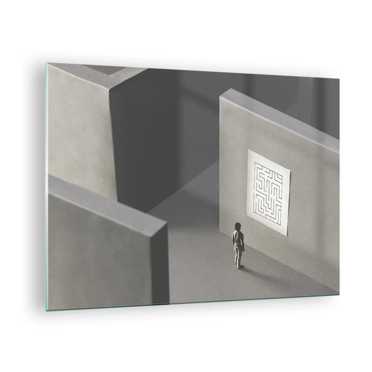 Billede på glas - Barn i en labyrint med et gådesymbol - 70x50cm - Men hvor er jeg? - Moderne vægdekoration til stue og soveværelse ARTTOR