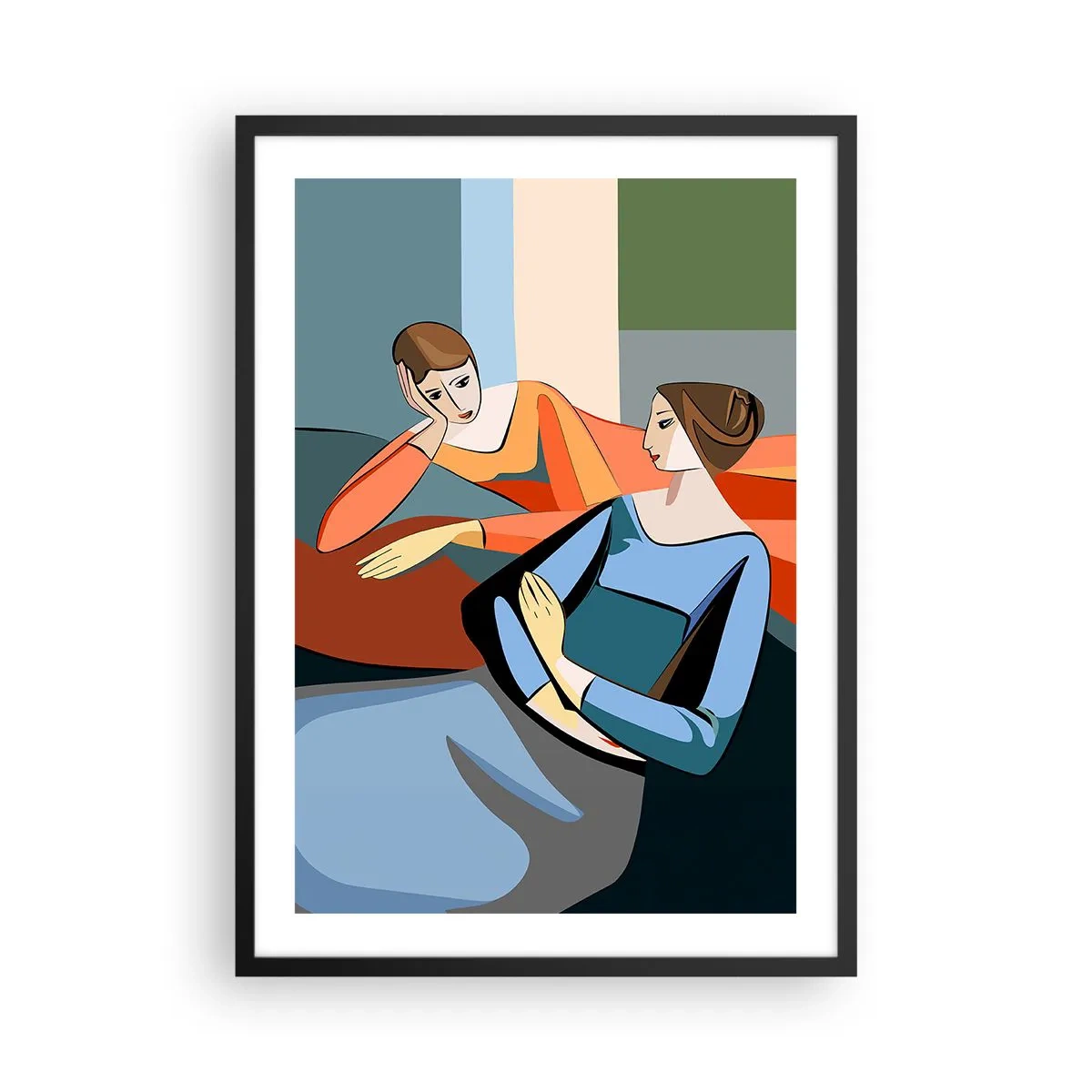 Plakat i sort ramme - En moderne illustration af to kvinder i kubistisk stil. - 50x70cm - Et øjeblik af fortrolighed - Moderne vægdekoration til stue og soveværelse ARTTOR