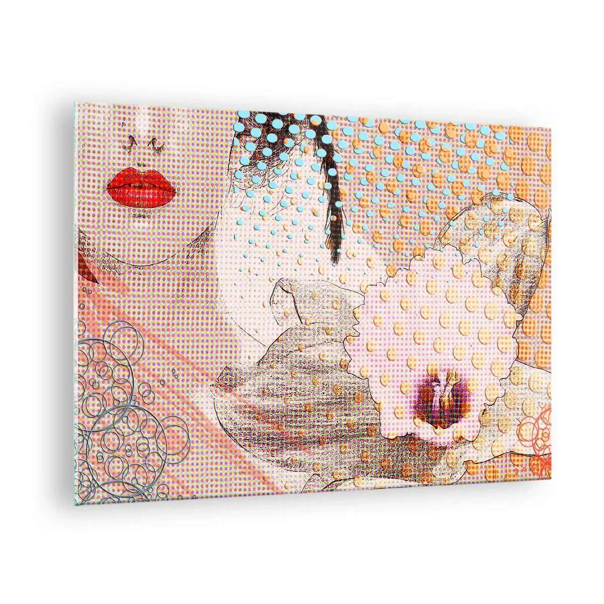 Billede på glas - Illustration af et portræt af en kvinde med en blomst i baggrunden i pop art-stil - 70x50cm - Tegneserieheroin - Moderne vægdekoration til stue og soveværelse ARTTOR