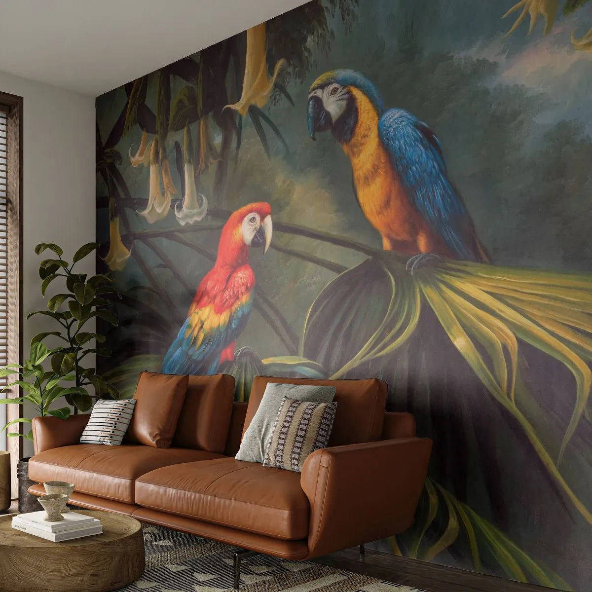 Fototapet Premium Sand - Romantik i troperne - Ara papegøje, Dyr, Tropisk skov - 200x140 cm